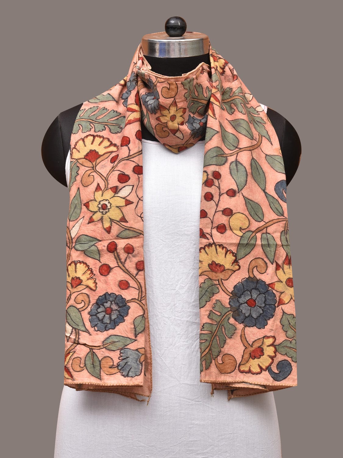 Peach Kalamkari Hand Painted Sico Stole with Floral Design - Global Threads