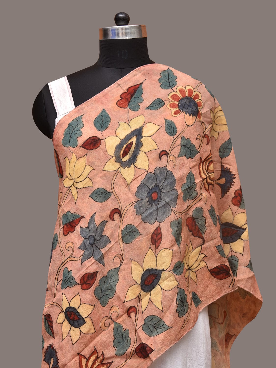 Peach Kalamkari Hand Painted Sico Stole with Floral Design - Global Threads