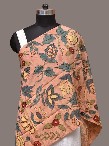 Peach Kalamkari Hand Painted Sico Stole with Floral Design - Global Threads