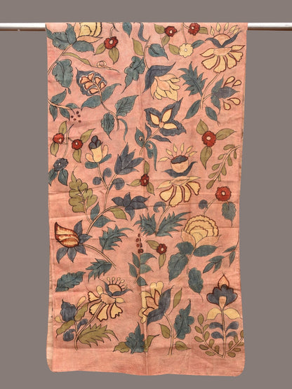Peach Kalamkari Hand Painted Sico Stole with Floral Design - Global Threads