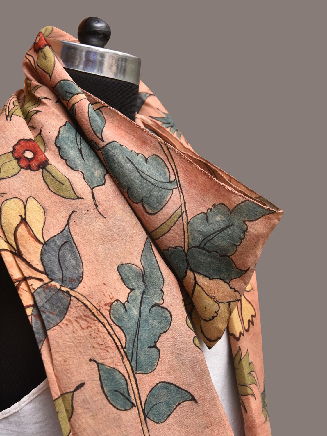 Peach Kalamkari Hand Painted Sico Stole with Floral Design - Global Threads