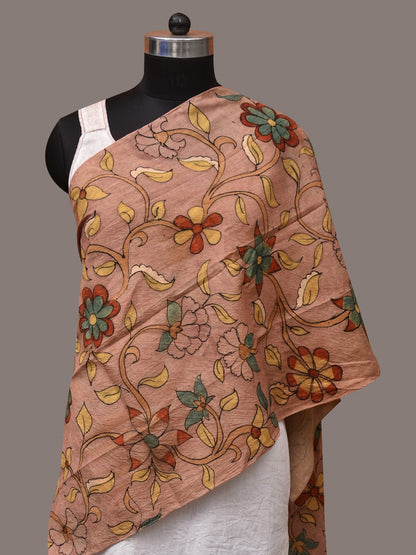 Peach Kalamkari Hand Painted Sico Stole with Floral Design - Global Threads
