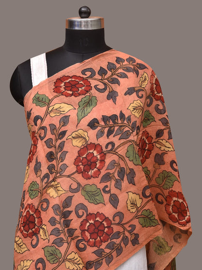 Peach Kalamkari Hand Painted Sico Stole with Flowers Design - Global Threads