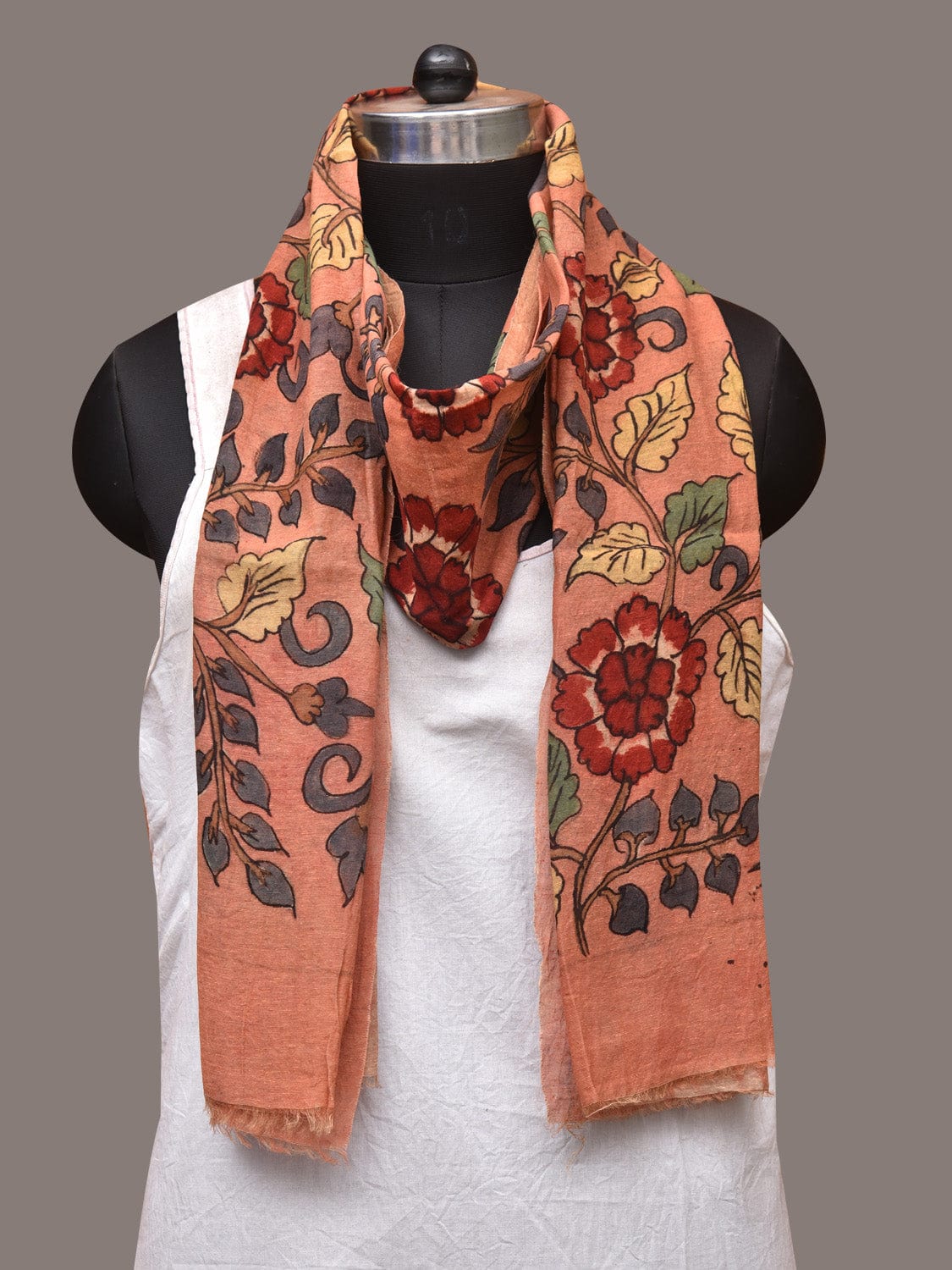 Peach Kalamkari Hand Painted Sico Stole with Flowers Design - Global Threads