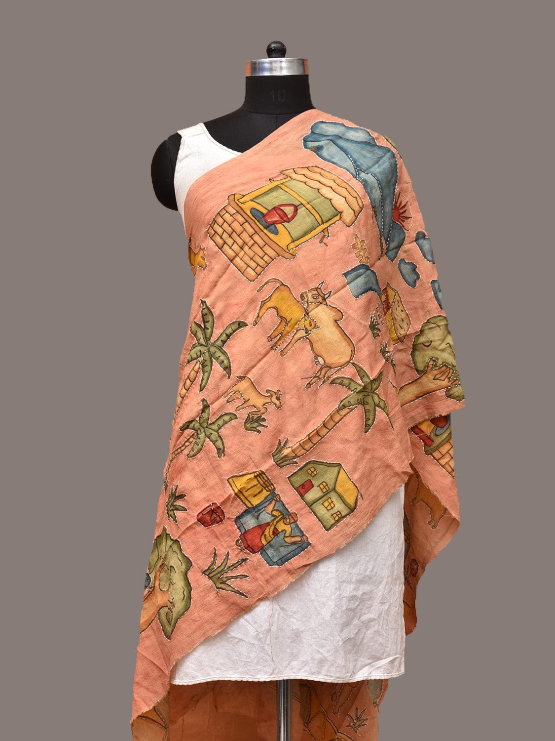 Peach Kalamkari Hand Painted Sico Stole with Village Theme Design - Global Threads