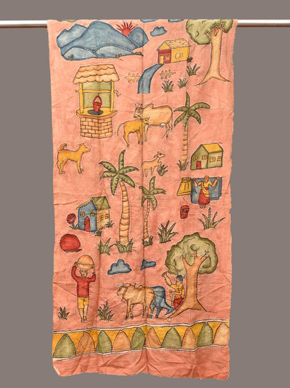 Peach Kalamkari Hand Painted Sico Stole with Village Theme Design - Global Threads