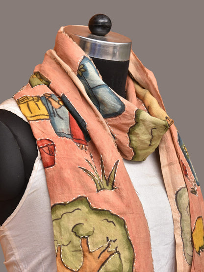 Peach Kalamkari Hand Painted Sico Stole with Village Theme Design - Global Threads