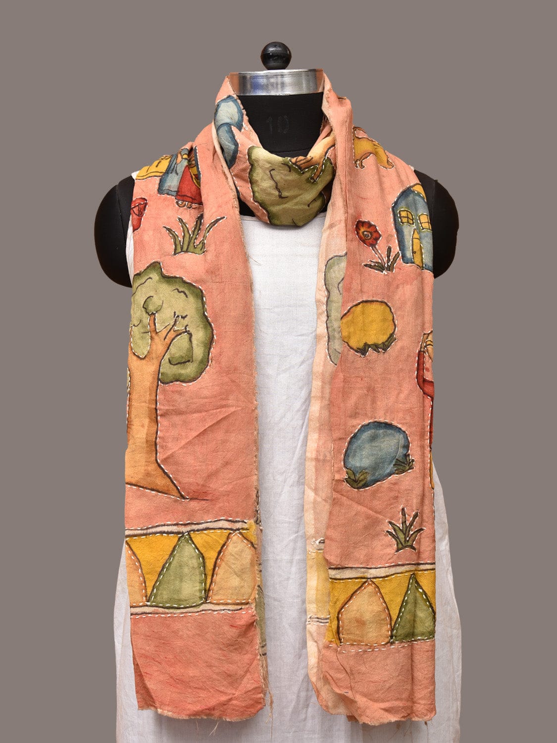 Peach Kalamkari Hand Painted Sico Stole with Village Theme Design - Global Threads