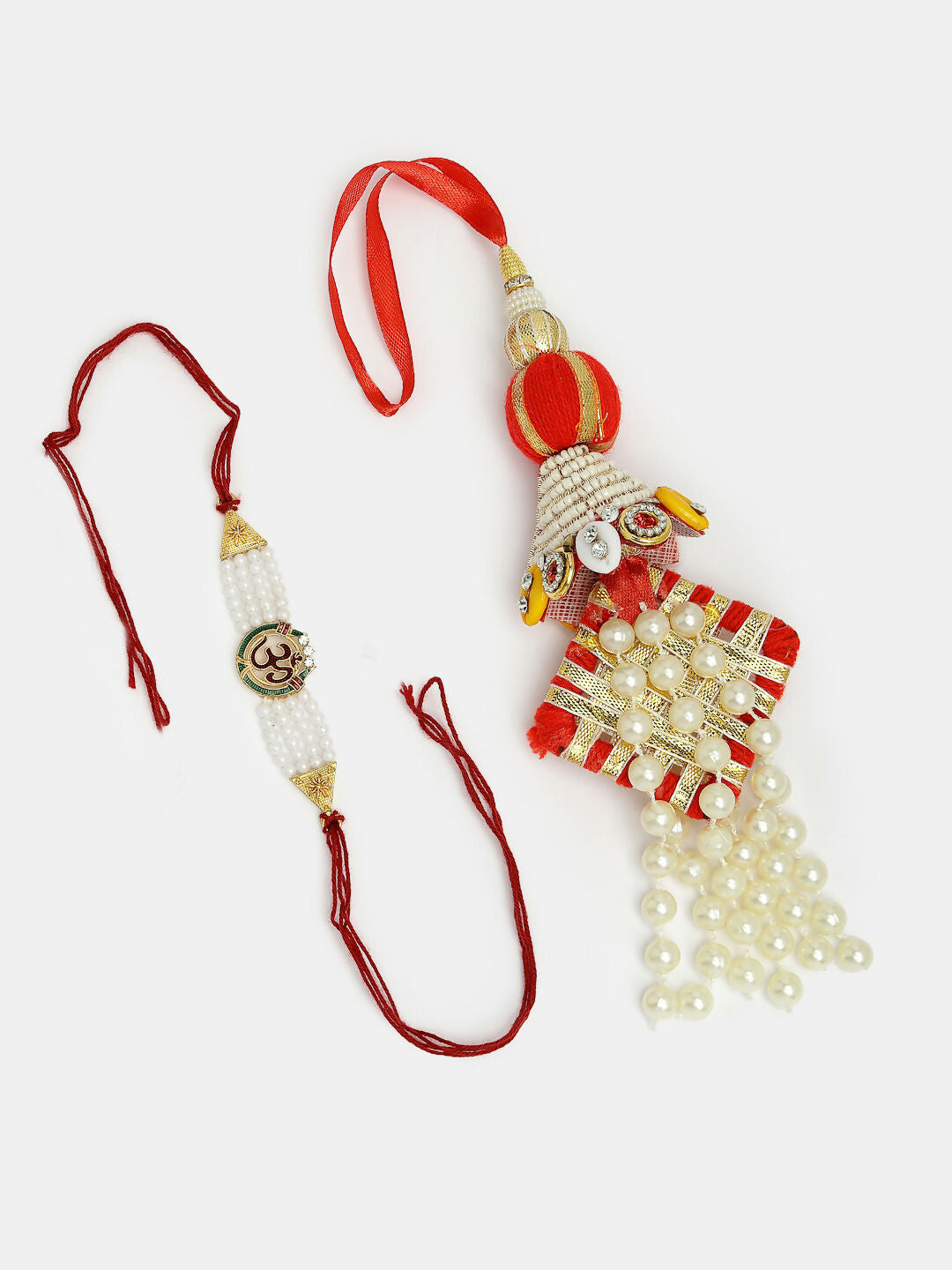 NVR Women & Men Set of 2 White Pearl Bhaiya Bhabhi Rakhi With Roli Chawal & Chocolate