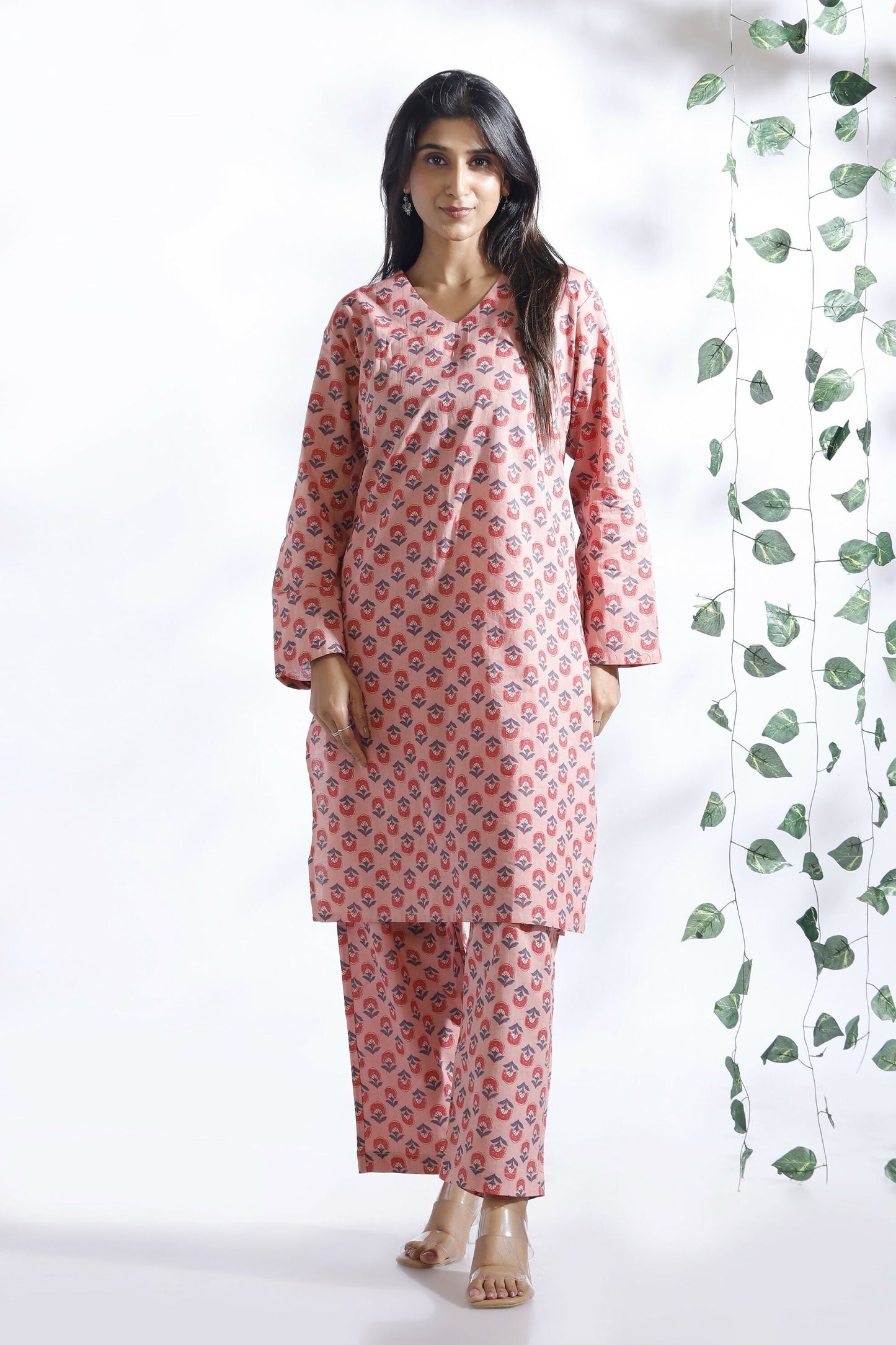 Breathables Women’S Loungewear Long Kurta Co-Ord Set Cotton Pink Indian Motif Butta Print