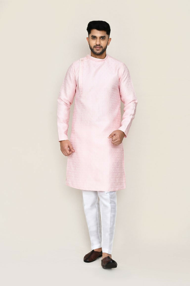 Joban Fashion Red Colored Weaving Silk Fabric Kurta With Straight Fit Pant