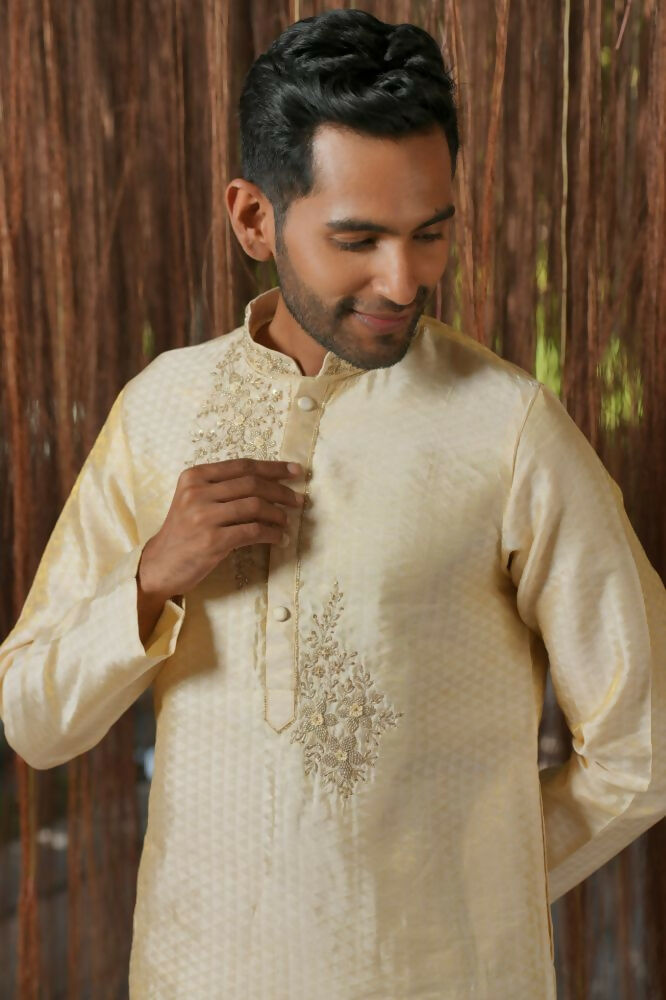 Cream Kanjivaram Machine Embroidered Pattu Set by Hilo Design