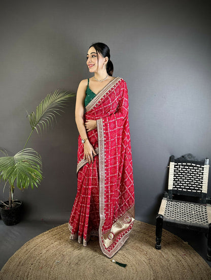Joban Fashion Hot Pink Bandhej Bandhani Vichitra Silk Bandhani Prints Saree