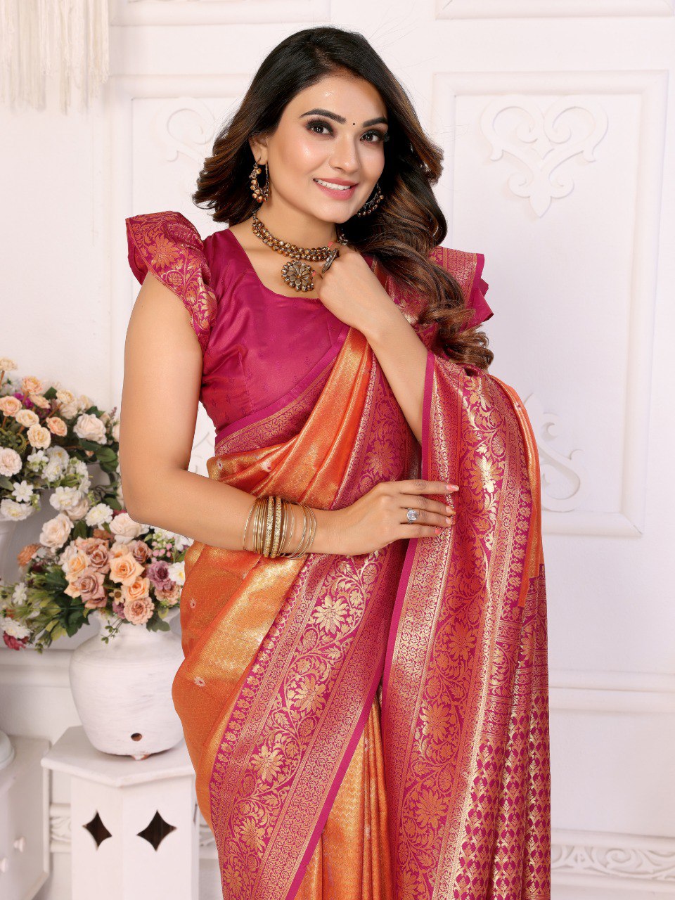 Anaita Orange Tissue Silk With Butti Weaving Saree With Blouse