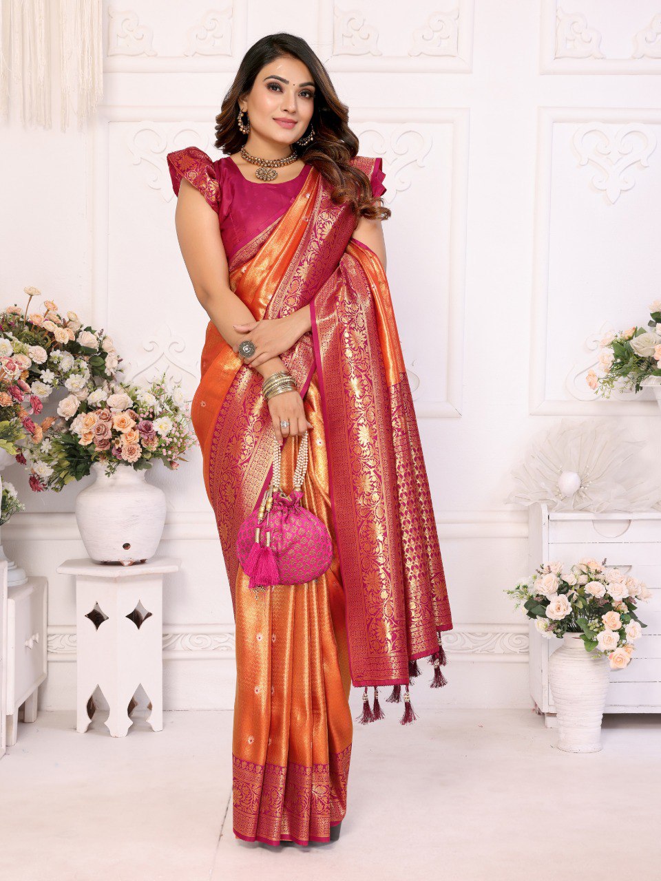 Anaita Orange Tissue Silk With Butti Weaving Saree With Blouse