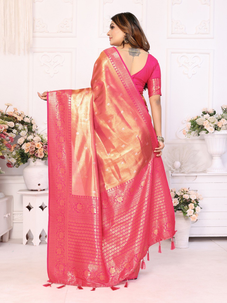 Anaita Light Orange Tissue Silk With Butti Weaving Saree With Blouse