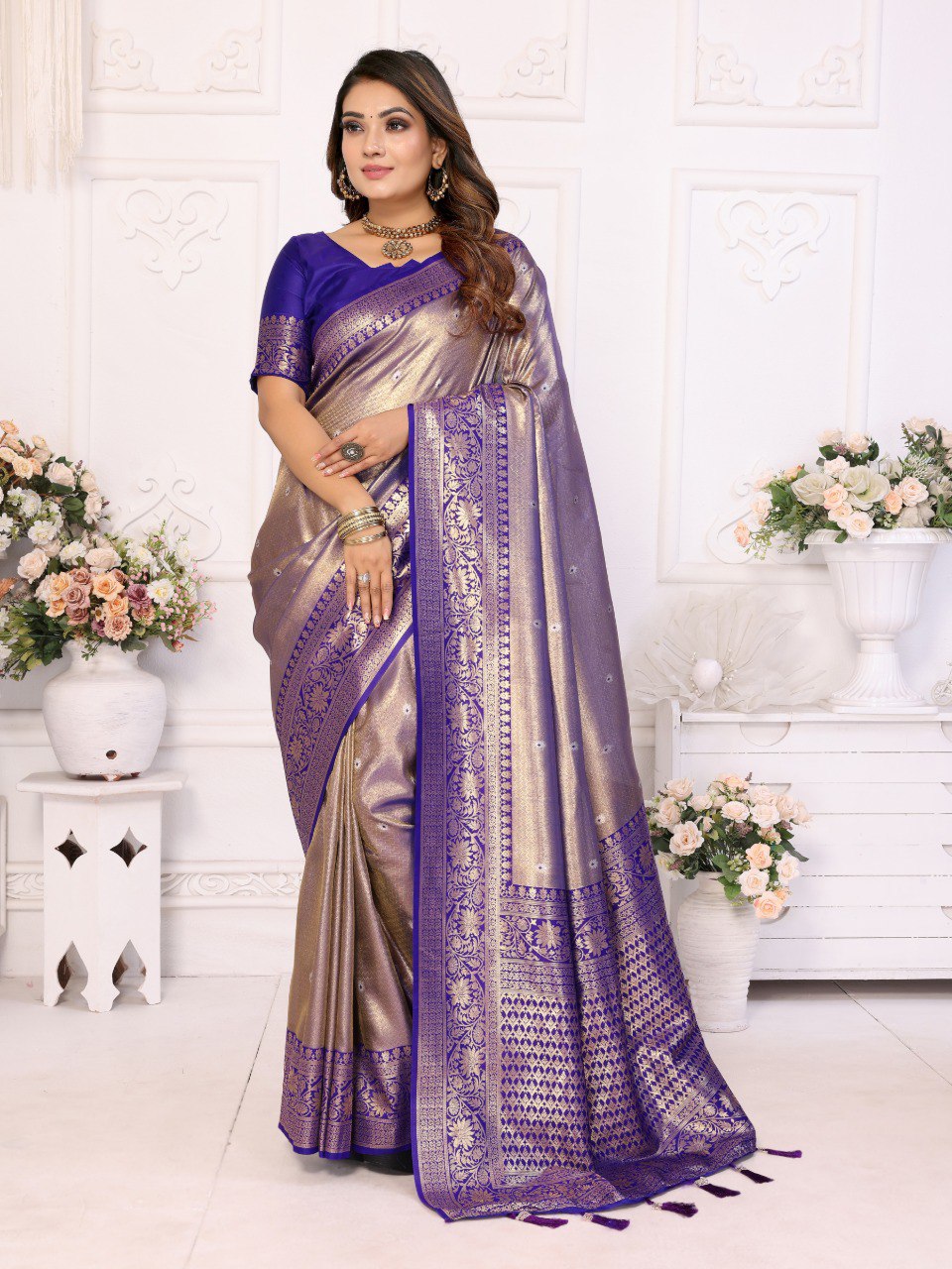 Anaita Lavender Tissue Silk With Butti Weaving Saree With Blouse