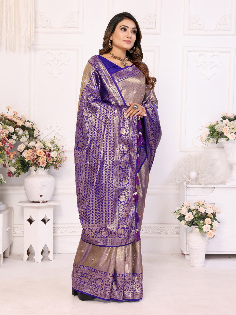 Anaita Lavender Tissue Silk With Butti Weaving Saree With Blouse