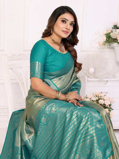 Anaita Blue Tissue Silk With Butti Weaving Saree With Blouse