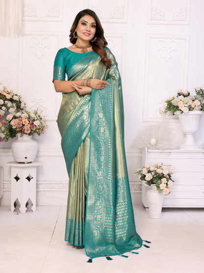 Anaita Blue Tissue Silk With Butti Weaving Saree With Blouse