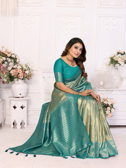 Anaita Blue Tissue Silk With Butti Weaving Saree With Blouse