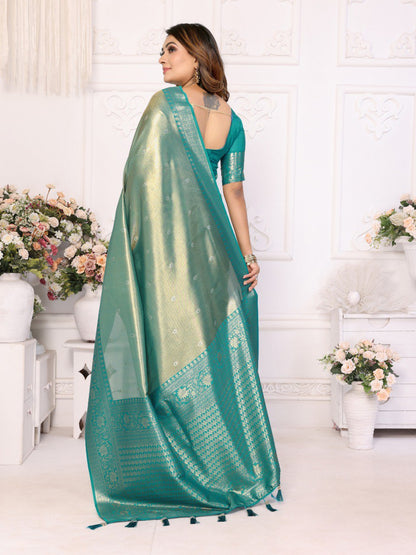 Anaita Blue Tissue Silk With Butti Weaving Saree With Blouse