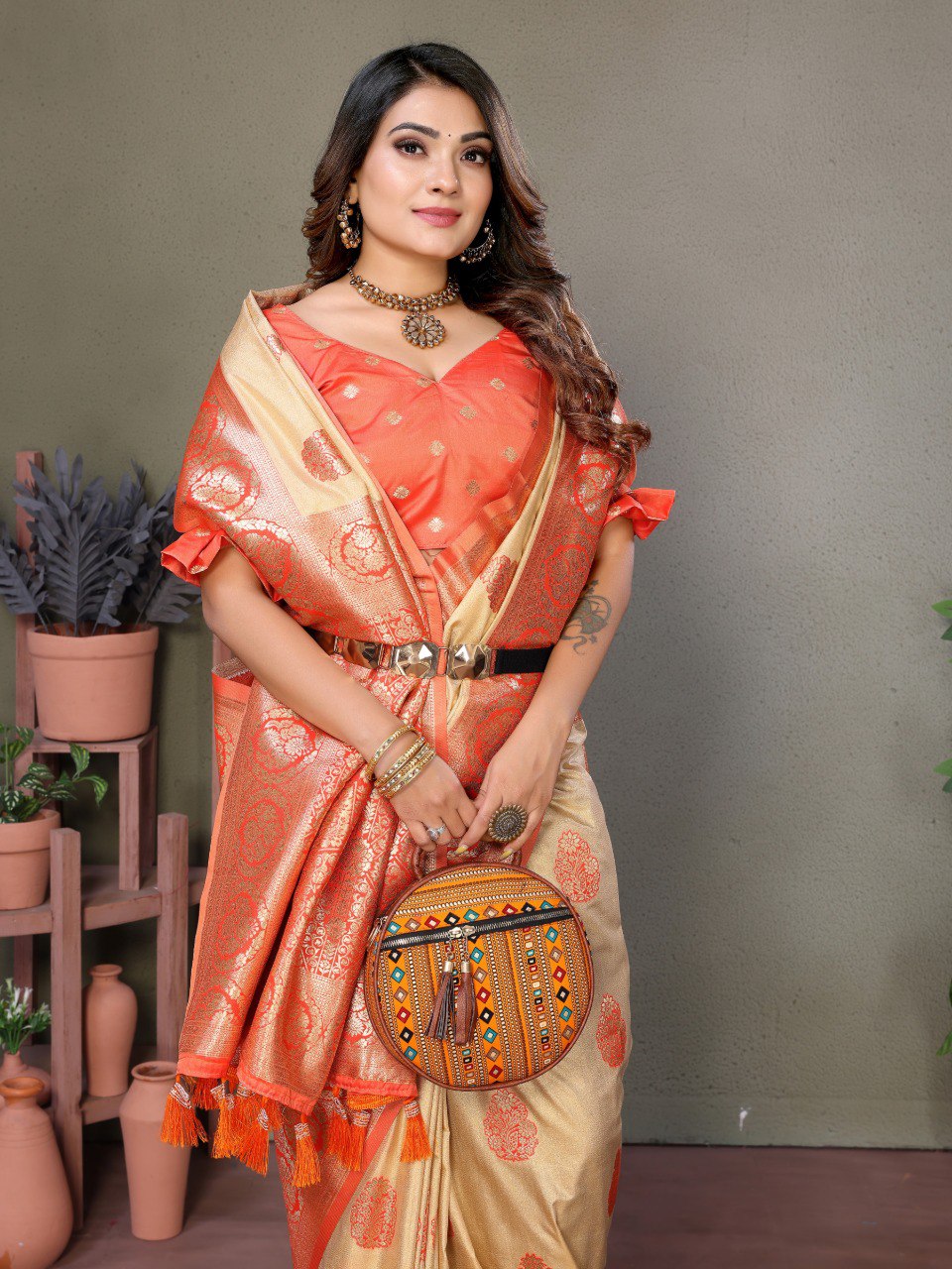 Anaita Orange Viscose Silk With Butties Weaving Saree With Blouse