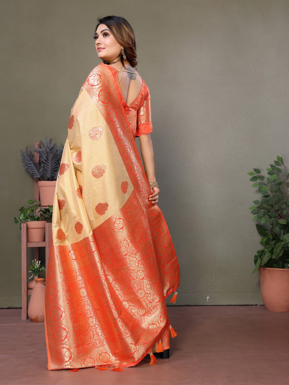 Anaita Orange Viscose Silk With Butties Weaving Saree With Blouse