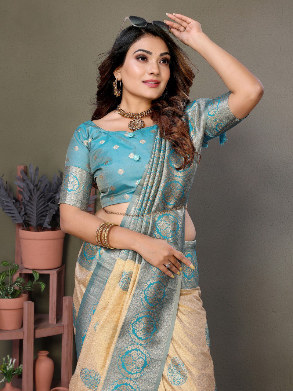 Anaita Light Blue Viscose Silk With Butties Weaving Saree With Blouse