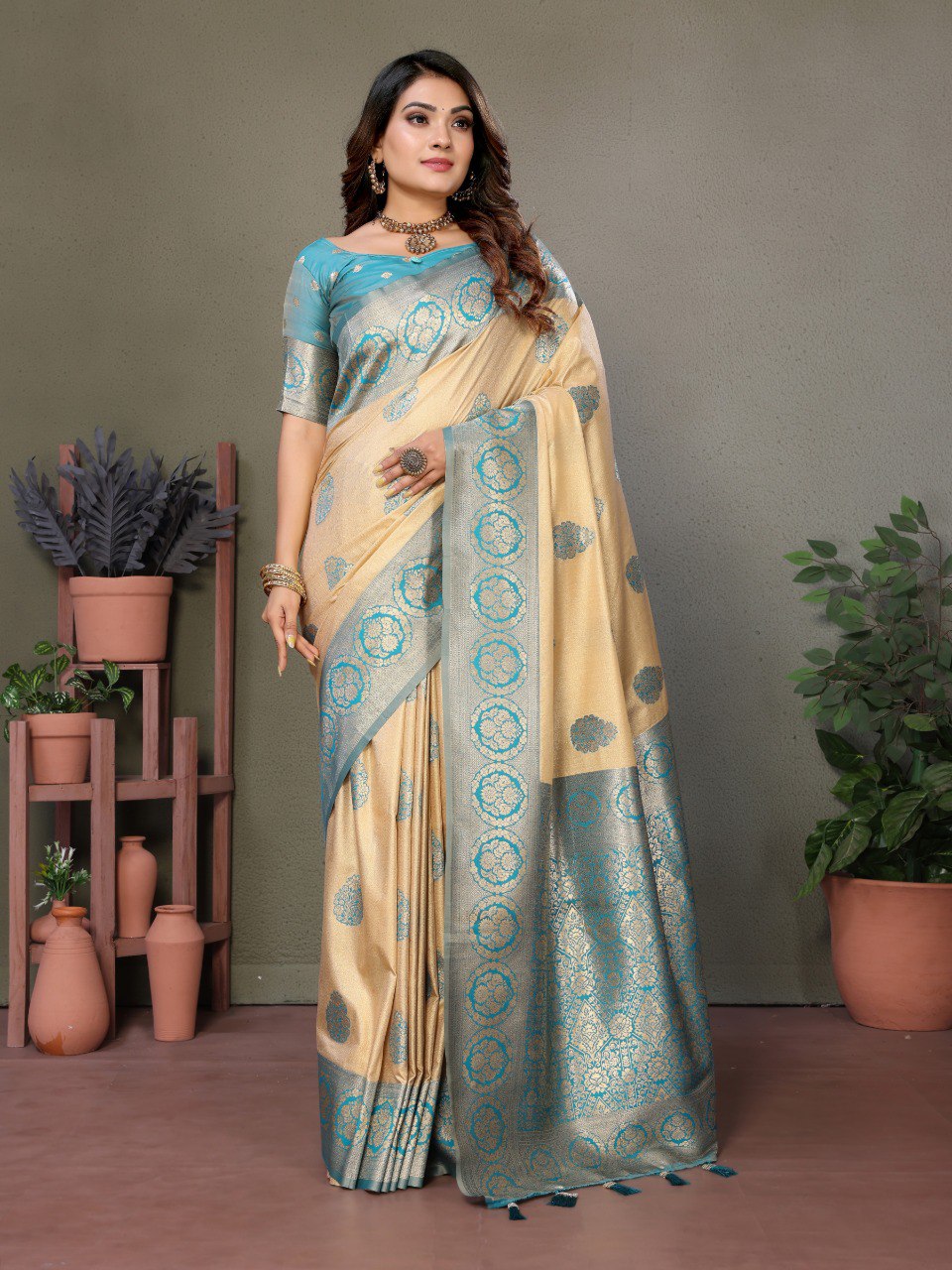 Anaita Light Blue Viscose Silk With Butties Weaving Saree With Blouse