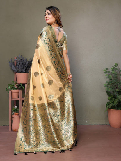 Anaita Dark Green Viscose Silk With Butties Weaving Saree With Blouse