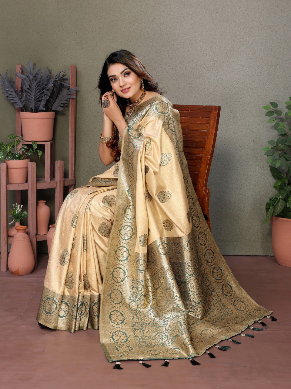 Anaita Dark Green Viscose Silk With Butties Weaving Saree With Blouse