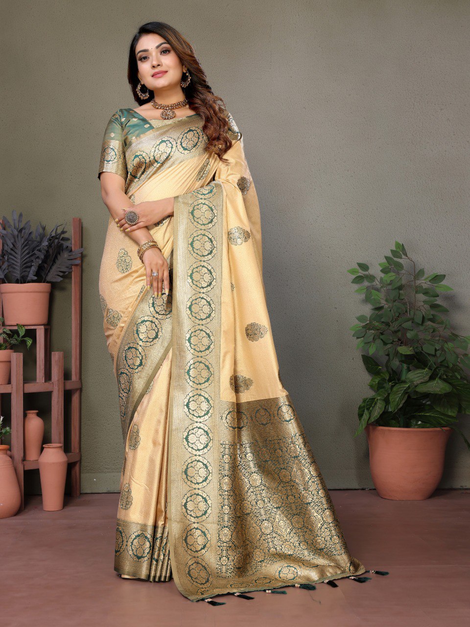 Anaita Dark Green Viscose Silk With Butties Weaving Saree With Blouse