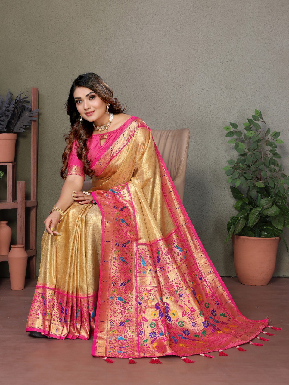 Anaita Dark Golden Tissue Silk With Paithani Woven Saree With Blouse