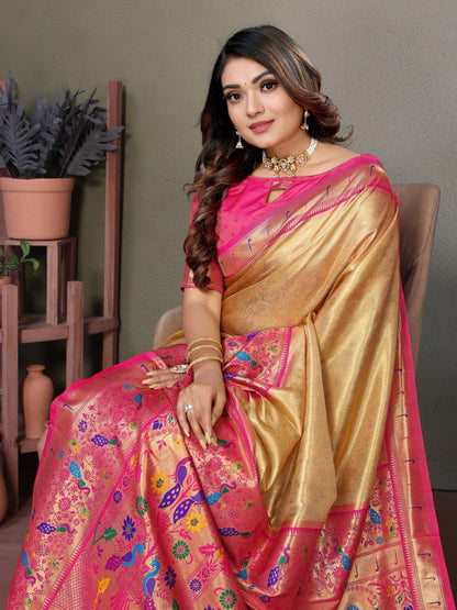 Anaita Dark Golden Tissue Silk With Paithani Woven Saree With Blouse