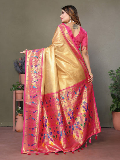 Anaita Dark Golden Tissue Silk With Paithani Woven Saree With Blouse