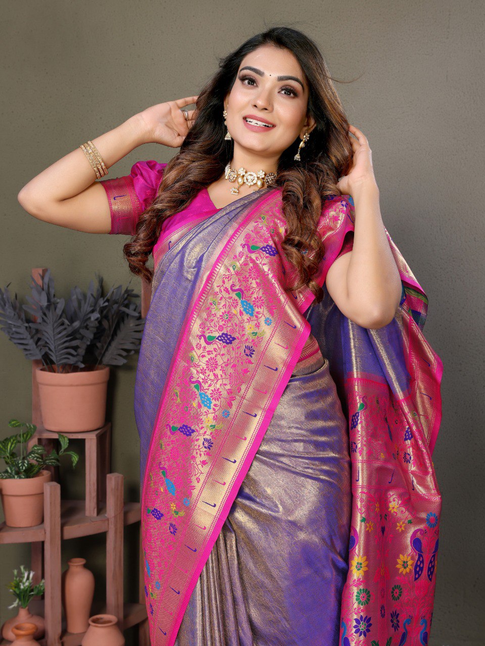 Anaita Lavender Tissue Silk With Paithani Woven Saree With Blouse
