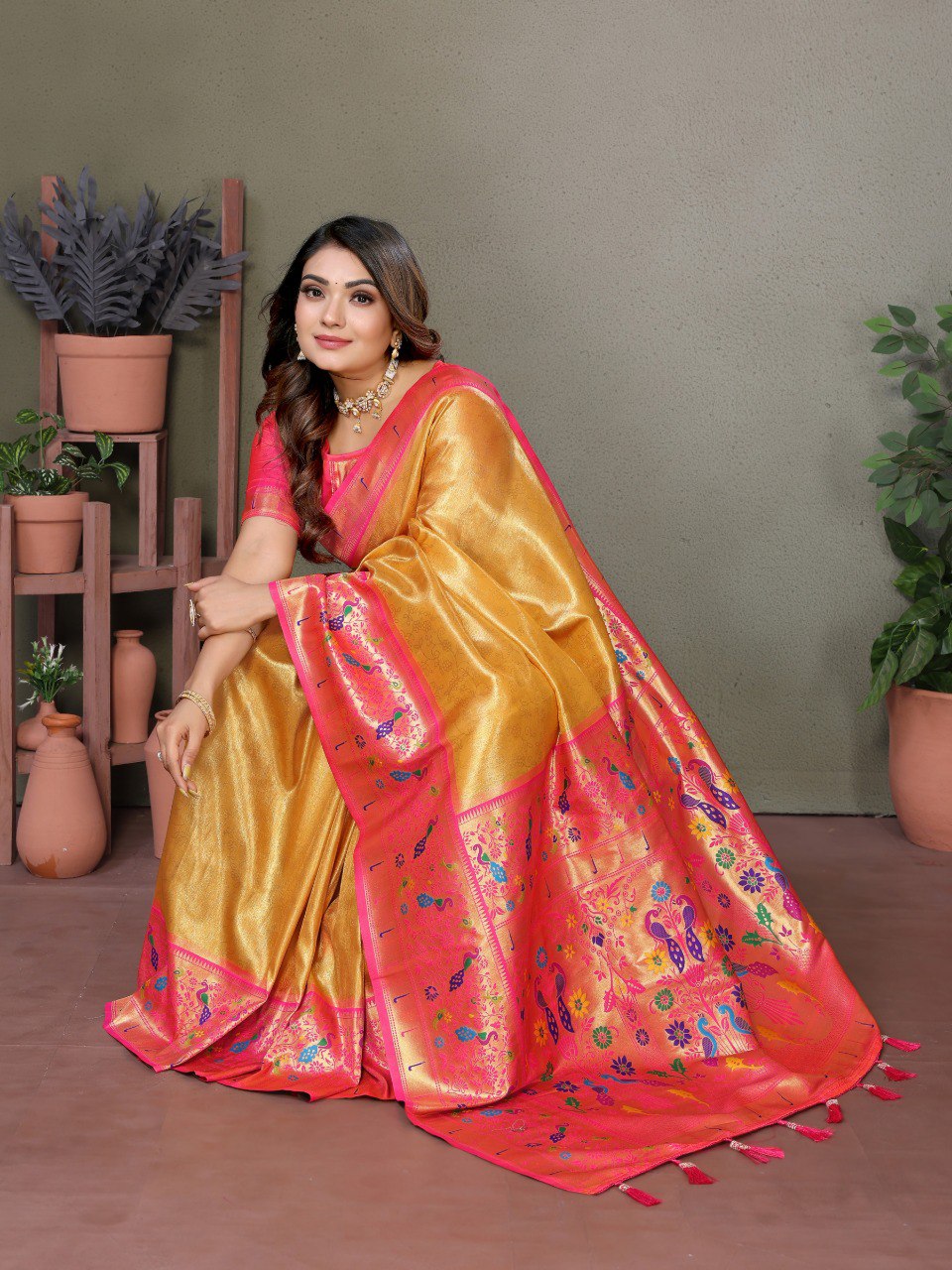 Anaita Golden Tissue Silk With Paithani Woven Saree With Blouse