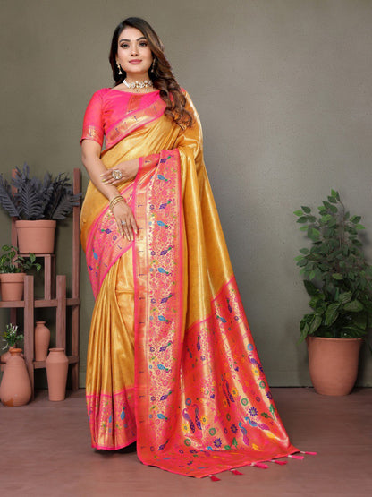 Anaita Golden Tissue Silk With Paithani Woven Saree With Blouse