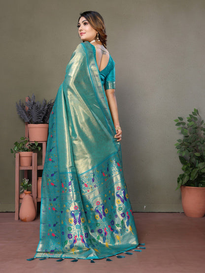 Anaita Blue Tissue Silk With Paithani Woven Saree With Blouse