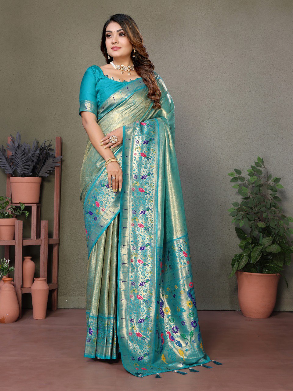 Anaita Blue Tissue Silk With Paithani Woven Saree With Blouse