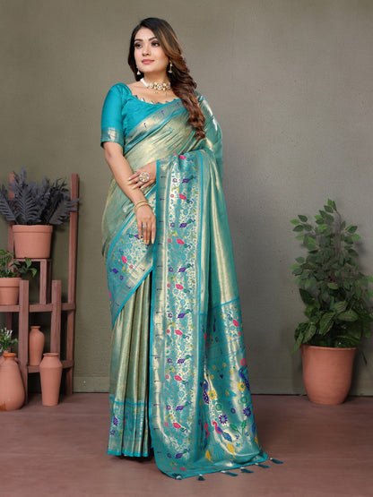Anaita Blue Tissue Silk With Paithani Woven Saree With Blouse