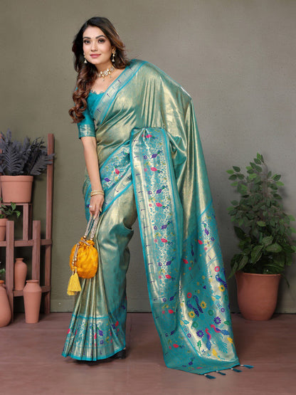 Anaita Blue Tissue Silk With Paithani Woven Saree With Blouse