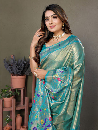 Anaita Blue Tissue Silk With Paithani Woven Saree With Blouse