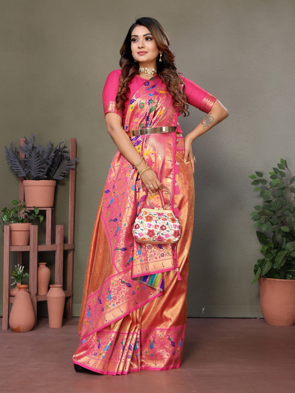 Anaita Orange Tissue Silk With Paithani Woven Saree With Blouse
