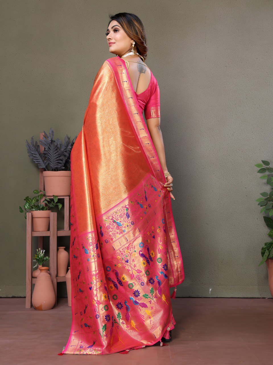 Anaita Orange Tissue Silk With Paithani Woven Saree With Blouse