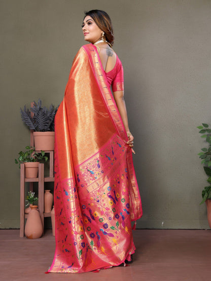 Anaita Orange Tissue Silk With Paithani Woven Saree With Blouse