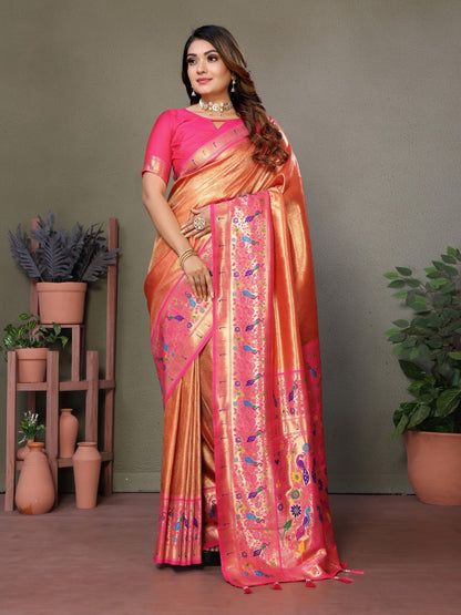 Anaita Orange Tissue Silk With Paithani Woven Saree With Blouse