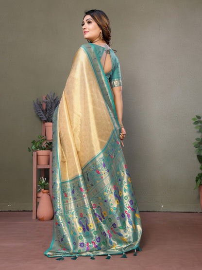 Anaita Cream Tissue Silk With Paithani Woven Saree With Blouse