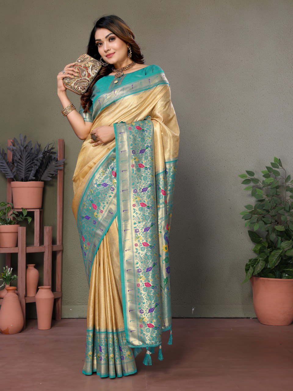 Anaita Cream Tissue Silk With Paithani Woven Saree With Blouse